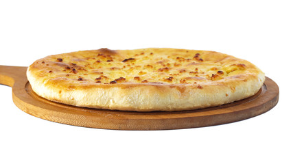Georgian traditional food khachapuri on a wooden dish on white background
