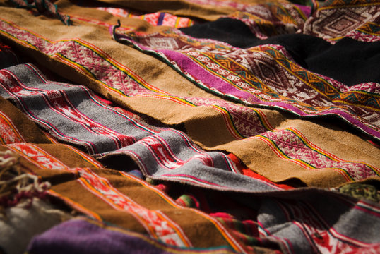 Colorful woven fabrics, Chaullacocha vilage, Andes Mountains, Peru, South America