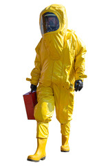 Isolated man with briefcase in protective hazmat suit.Epidemic virus.
