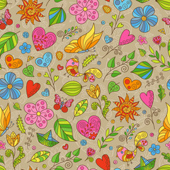 Cartoon Spring Seamless Pattern of Doodles Flowers, Butterflies and Leaves on Brown Backdrop.