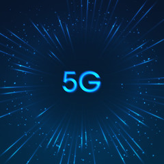 5G banner with glowing neon rays. Technology futuristic design