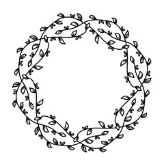 Beautiful delicate wreath with small leaves and flowers in the form of hearts. Black and white vector illustration of a floral openwork wreath on a white background.  Isolated object for your design.