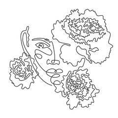 Abstract face with flowers - one line vector drawing. Minimalistic style portrait. Botanical print. Modern continuous line art. Fashion print. Beaty salon or cosmetics logo.