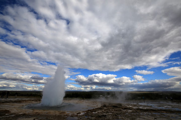 Geysir / Iceland - August 25, 2017: Strokkur geysir eruption near Golden Circle, Iceland