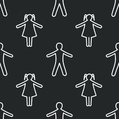 White simple silhouettes of boys and girls on black background: seamless pattern, wallpaper texture, wrapping print design. Vector graphics.