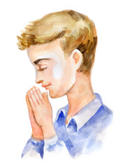 Watercolor illustration. Boy prays on a white background