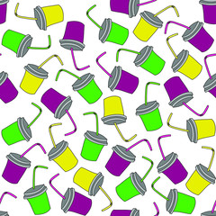 Yellow, green and purple paper cups: colorful seamless pattern, wallpaper texture, wrapping print design. Vector graphics.