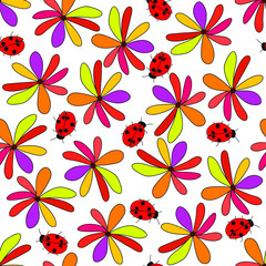 Simple colorful flowers and ladybugs: summer seamless pattern, wallpaper texture, wrapping print design. Vector graphics.