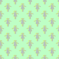 Yellow-grey girls' silhouettes on light-green background: seamless pattern, wallpaper texture, wrapping print design. Vector graphics.