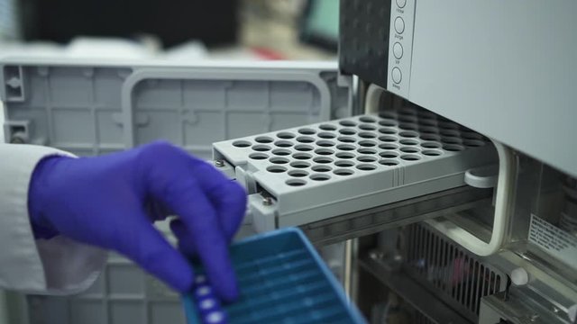 Modern biochemical analyzer filled with test tubes. spbd Genetics worker putting inserting test tubes bottles with dna into the pcr thermal cycler or amplifier for diagnostics. concept pharmaceutical