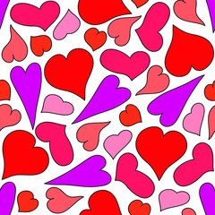 Red, pink and violet hearts on white background: romantic seamless pattern, wallpaper texture, wrapping print design. Vector graphics.