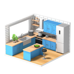 Small blue low poly kitchen with big window