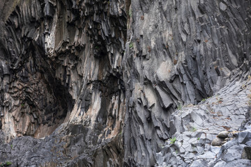 Structures of basalt lava cliffs in Gole dell’Alcantara gorge close to Taormina, Sicily Italy.