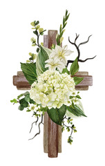 Christian wooden cross decorated with white hydrangea and leaves