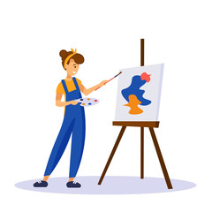 Fototapeta premium Woman artist painting colorful abstract shapes on canva isolated on white background. Young creative girl standing near easel.