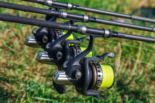 Carp spinning reel angling rods on pod standing. Carp Rods,Carpfishing session at the Lake.Professional fishing equipment