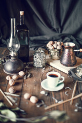 Coffee and nuts on the tabke at home