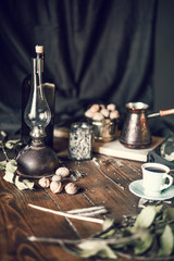 Coffee and nuts on the tabke at home