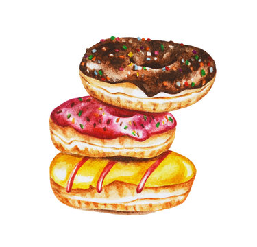 Three donuts lying on top of each other on an isolated white background. Handmade watercolor illustration.