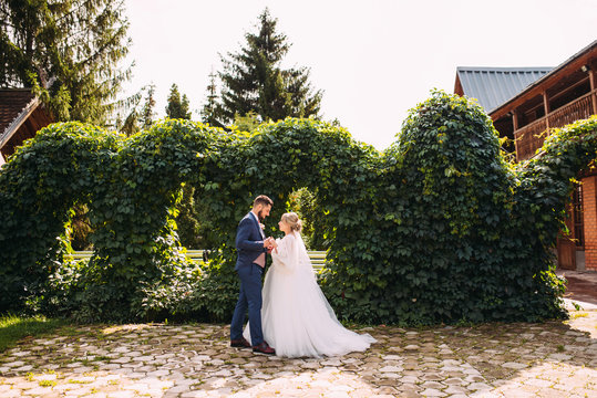 Beautiful wedding couple in a luxurious place for a photo shoot with flowers and architecture, the bride and groom in an embrace and love, the newlyweds are happy