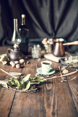 Coffee and nuts on the tabke at home