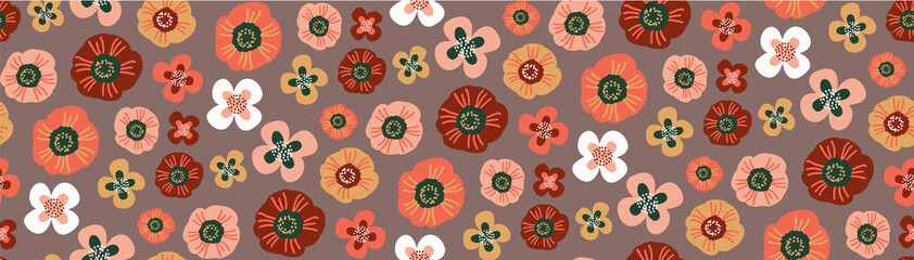 Floral seamless pattern with hand drawn flowers. Pink, maroon, coral, yellow stylized flowers. Doodle style. Cute artistic texture, background for fabric print, wallpaper, gift wrap.