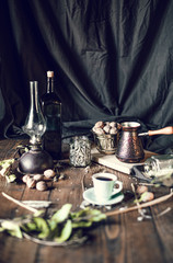 Coffee and nuts on the tabke at home