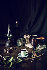 Coffee and nuts on the tabke at home