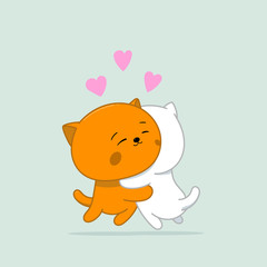 Two happy and loving kawaii cats. Greeting card, invitation card. Flat lay, top view