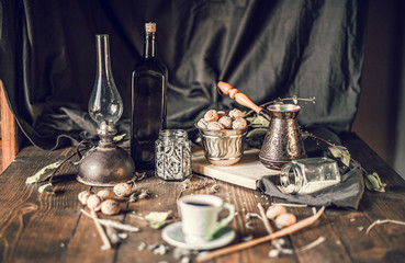 Coffee and nuts on the tabke at home