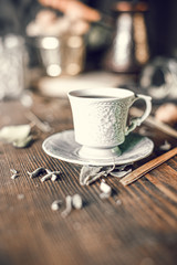 Coffee and nuts on the tabke at home