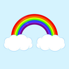 Beautiful rainbow with clouds. Icon, cartoon. Flat lay, top view