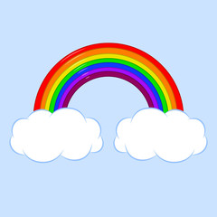 Beautiful rainbow with clouds. Icon, cartoon. Flat lay, top view