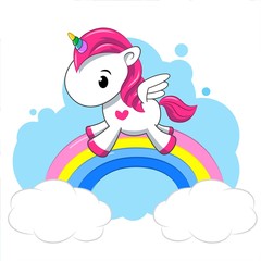 Little pink unicorn on a rainbow. Cartoon. Girl. Flat lay, top view