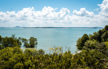 Fototapeta na wymiar View from lookout on Pulau Ubin island of the tropical sea, next to Singapore