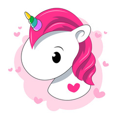 Head Little pink unicorn on a white background. Cartoon. Girl. Flat lay, top view