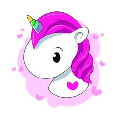 Head Little pink unicorn on a white background. Cartoon. Girl. Flat lay, top view