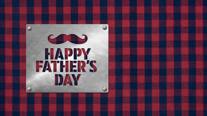 Happy Father's Day text and hipster mustache punched into brushed metal plate on plaid background with copy space. Ideal for social media promotion, email or website graphic.