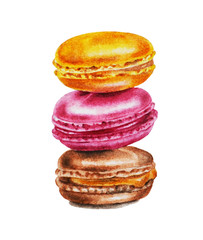 Illustration of colorful macaroons, pink, orange, brown stacked on top of each other and bandaged ribbon. Watercolor. Hand drawn. Template. Closeup.