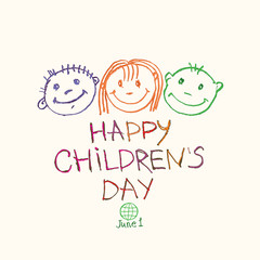 Happy Children's Day. Doodle holiday illustration to the International Children's Day. Children Art style drawing with colored pencils sketch. Vector logo with three funny baby faces and by June 1.
