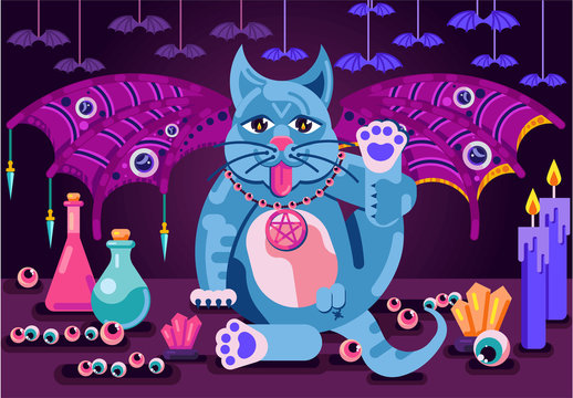 Vector illustration. A cat with bat wings sits licks on the background of occult symbols. Candles, books, crystals, fortune-telling ball, eyeballs, horoscope, flasks, potions, bats.