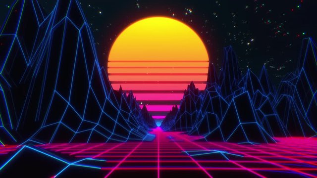 80s retro futuristic sci-fi seamless loop. Retrowave VJ videogame landscape with neon lights and low poly terrain. Stylized vintage 3D animation background with mountains, sun and glowing stars. 4K