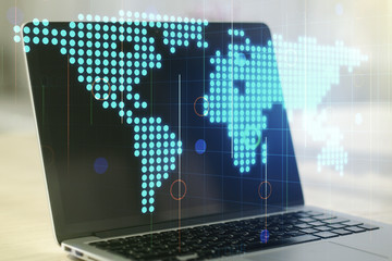 Multi exposure of abstract graphic world map on modern computer background, big data and networking concept