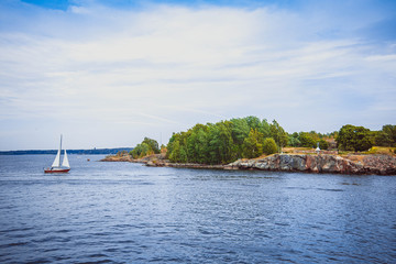 View from a hill over the Baltic Sea, washing the archipelago-bastion of Suomenlinna, Helsinki,...