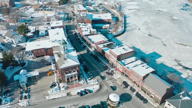 Downtown Exeter New Hampshire Drone Shot In Winter Lake