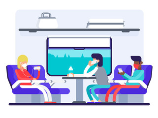 People in face medical masks sit in train character flat vector illustration, virus quarantine concept. Companions in compartment travel by train and busy with their gadgets. World spread coronavirus