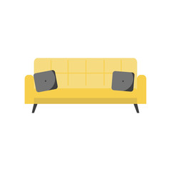 Vector illustration of a yellow sofa with gray pillows. Drawn in cartoon flat style. Isolated on a white background. To create a design, interior design concepts