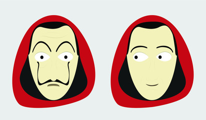 Angry man with moustache vs Happy man without beard. Face expressions with red hood. Vector Flat Illustration