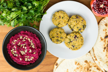 Beet hummus with falafel