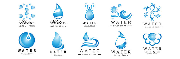 Water Splash Vector And Drop Set - Isolated On White. Abstract Vector Collection Of Flat Water Splash and Drop Logo. Icons For Droplet, Water Wave, Rain, Raindrop, Company Logo And Bubble Design